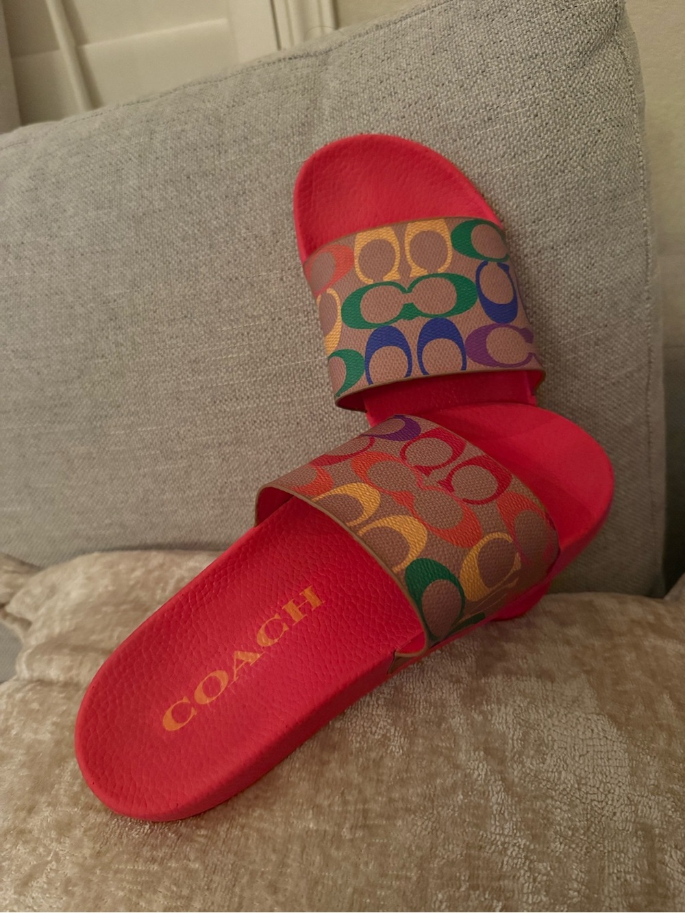 Coach unisex Rainbow Signature Slide Sandals with Red Footbed